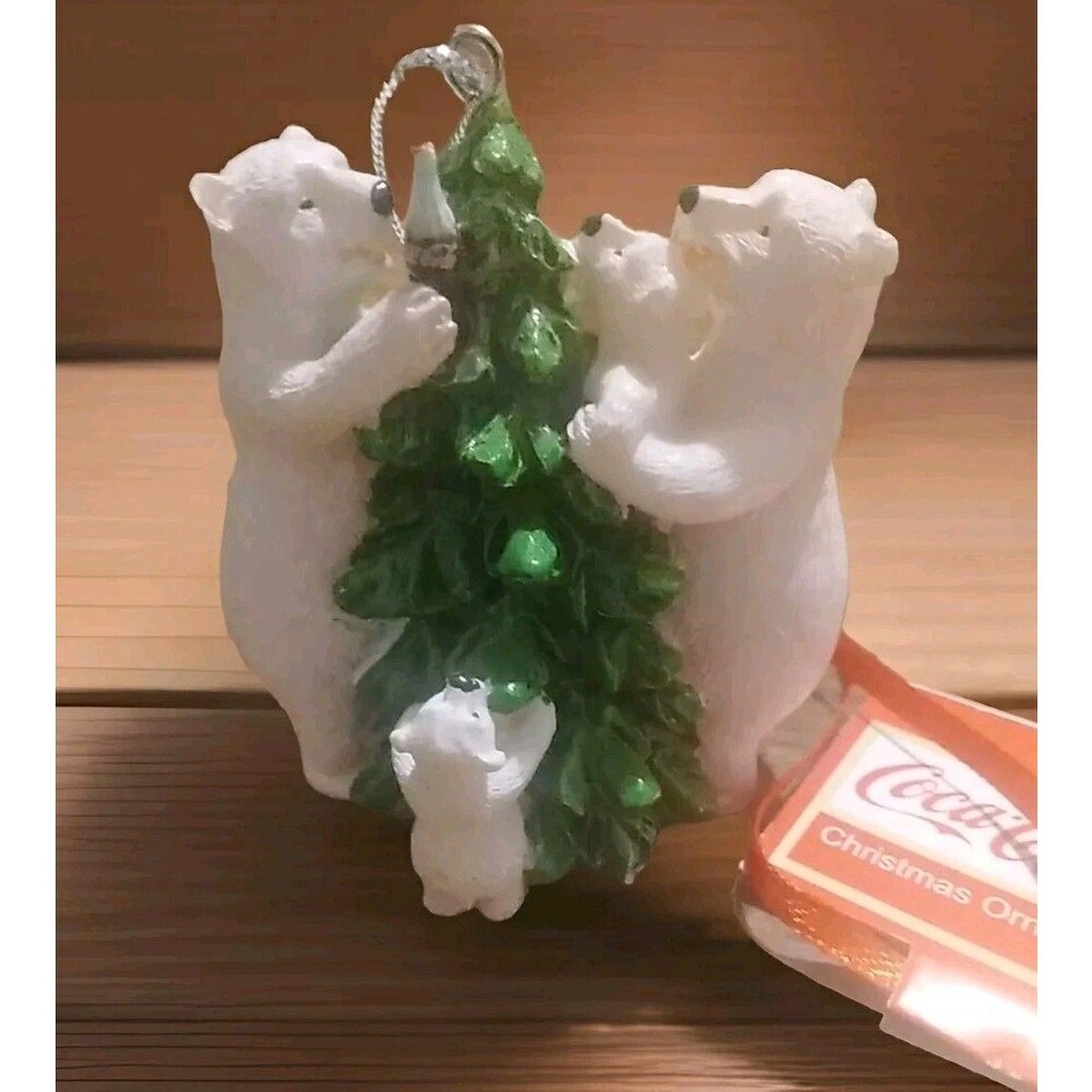Coca-Cola 5" X 4 1/2" Polar Bear Family With Christmas Tree Rare Resin Figurine